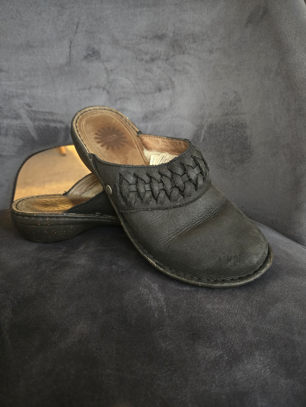 UGG Black Leather Slip-On Braided Clog Mules